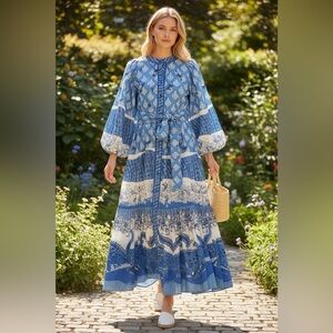 A LOVES A Cobalt Blue Long Sleeve Cotton Maxi Dress Boho Cottage Medium NWT